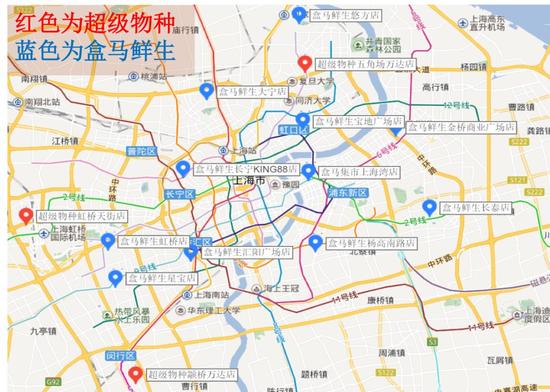 盒马鲜生和超级物种在上海的门店分布图